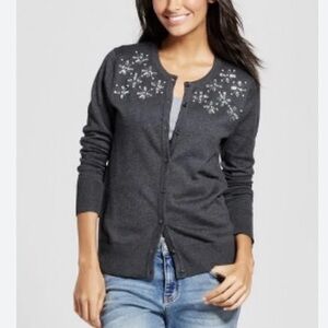 a.n.a. Sz L grey button up long sleeve crew neck sweater w pearl & bead accents